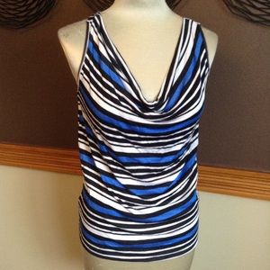 S POINT blue striped drape front top S M (G9)